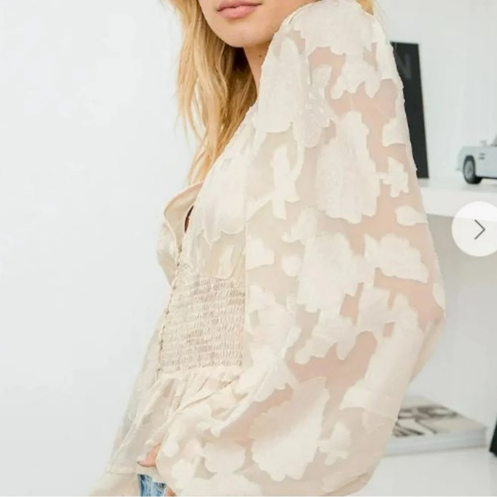 Lulus Patio Date Ivory Floral Jacquard Button-Up Long Sleeve Top - Picture 2 of 8